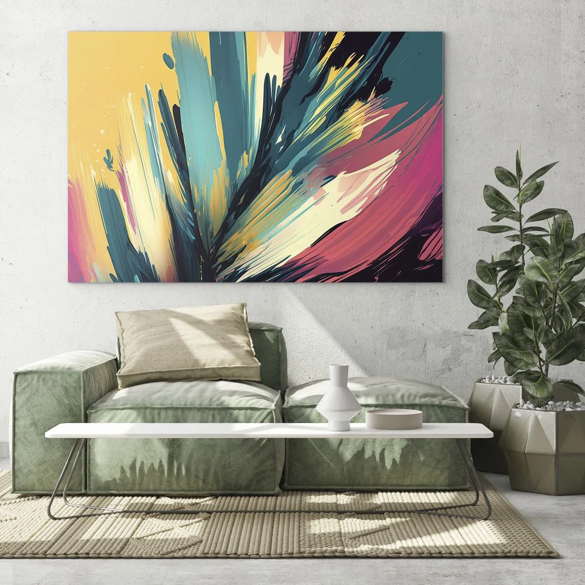 Obraz na skle - Dynamické tahy štětcem v zářivých barvách - 70x50cm - Kompozice – exploze radosti - Moderní nástěnná dekorace do obývacího pokoje a ložnice ARTTOR