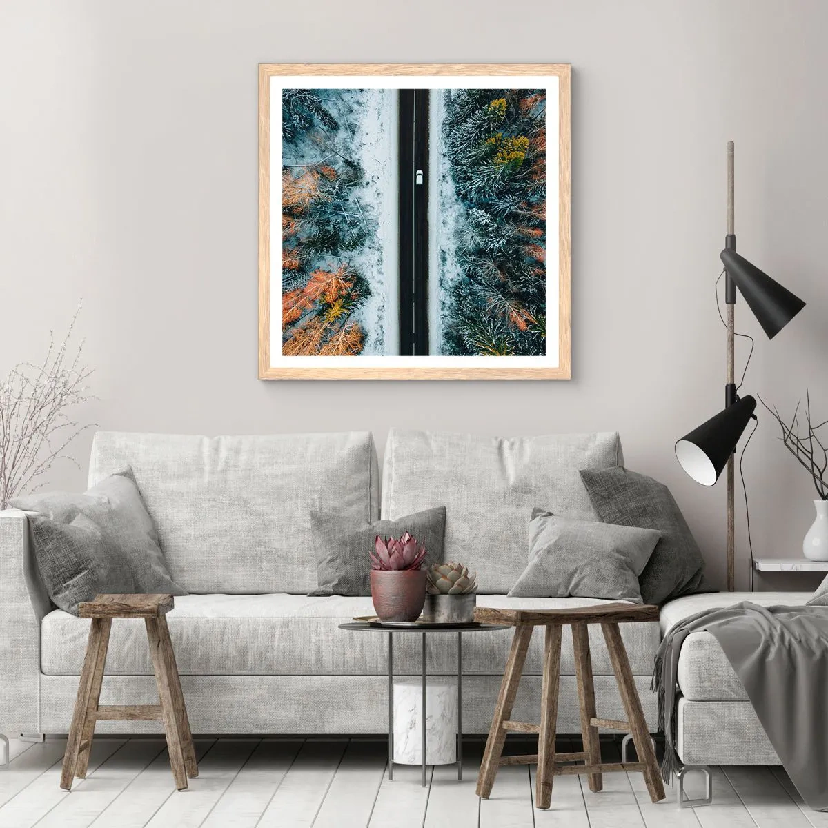 Plakát v rámu světlý dub - Přes zimní les - 40x40 cm