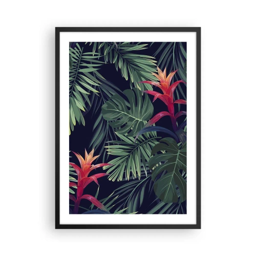 Plakát v černém rámu - Tropické listy a květiny na tmavém pozadí - 50x70cm - Vzplanout v zeleném - Moderní nástěnná dekorace do obývacího pokoje a ložnice ARTTOR