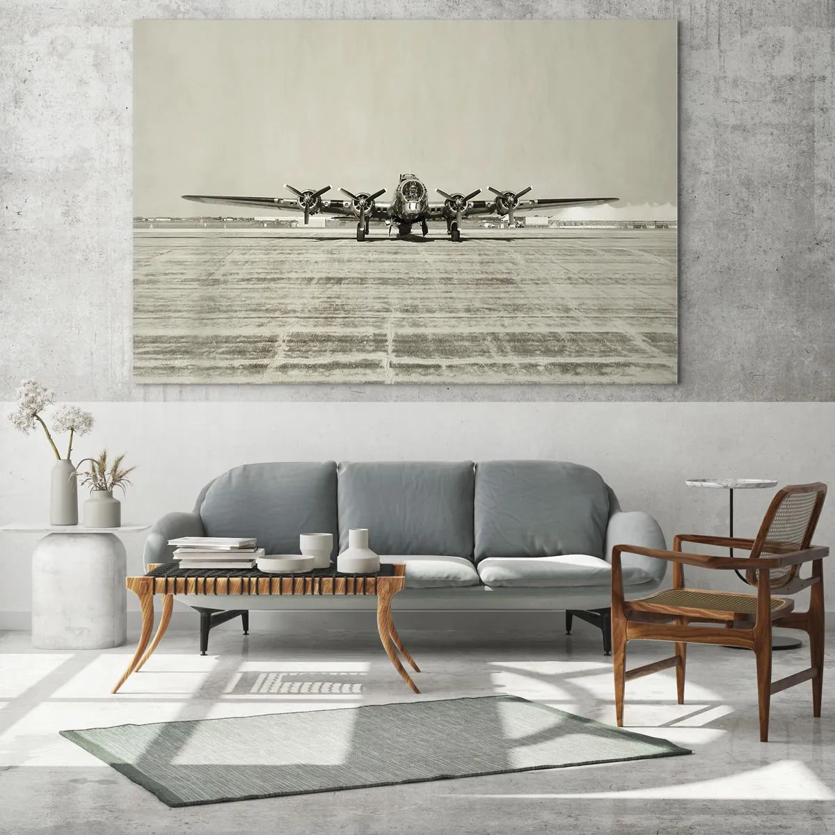 Obraz na skle - Historické letadlo na letišti v sépiovém stylu - 70x50cm - Jako vždy připraven - Moderní nástěnná dekorace do obývacího pokoje a ložnice ARTTOR