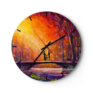 Nástěnné hodiny - Barevný západ slunce nad mostem v lese - 30x30cm - Nebe je taky miluje - Moderní nástěnná dekorace do obývacího pokoje, kuchyně a ložnice ARTTOR
