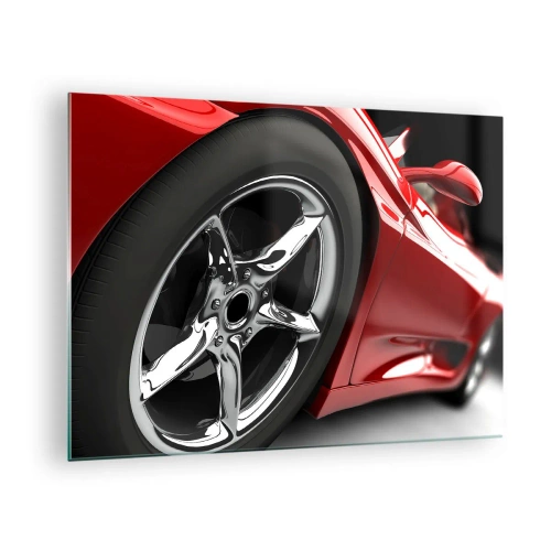 Obraz na skle - Detail červeného sportovního vozu s chromovaným ráfkem - 70x50cm - Vytvořený pro rychlost - Moderní nástěnná dekorace do obývacího pokoje a ložnice ARTTOR