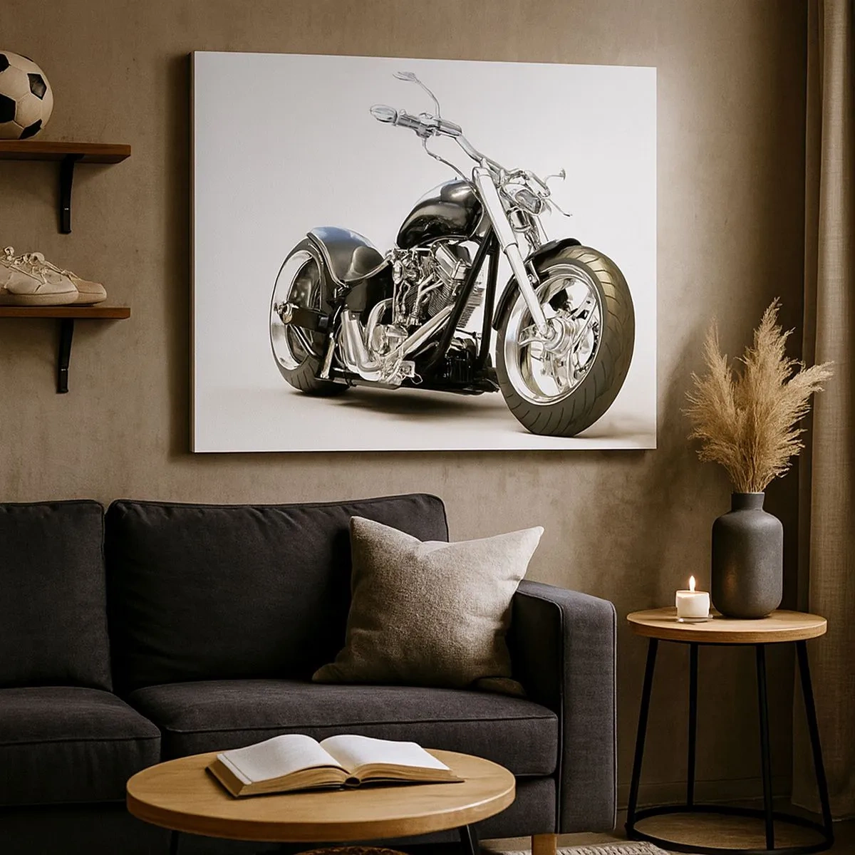 Obraz na plátně - Stylový černý motocykl na bílém pozadí - 70x50cm - Síla s charakterem - Moderní nástěnná dekorace do obývacího pokoje a ložnice ARTTOR