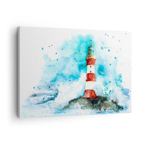 Obraz na plátně - Maják v akvarelovém prostředí s modrým pozadím - 70x50cm - Jednota živlů - Moderní nástěnná dekorace do obývacího pokoje a ložnice ARTTOR