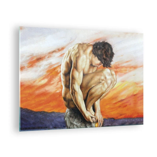 Obraz na skle - Nahé lidské tělo proti sytě oranžové obloze. - 70x50cm - Ponořen do sebe - Moderní nástěnná dekorace do obývacího pokoje a ložnice ARTTOR