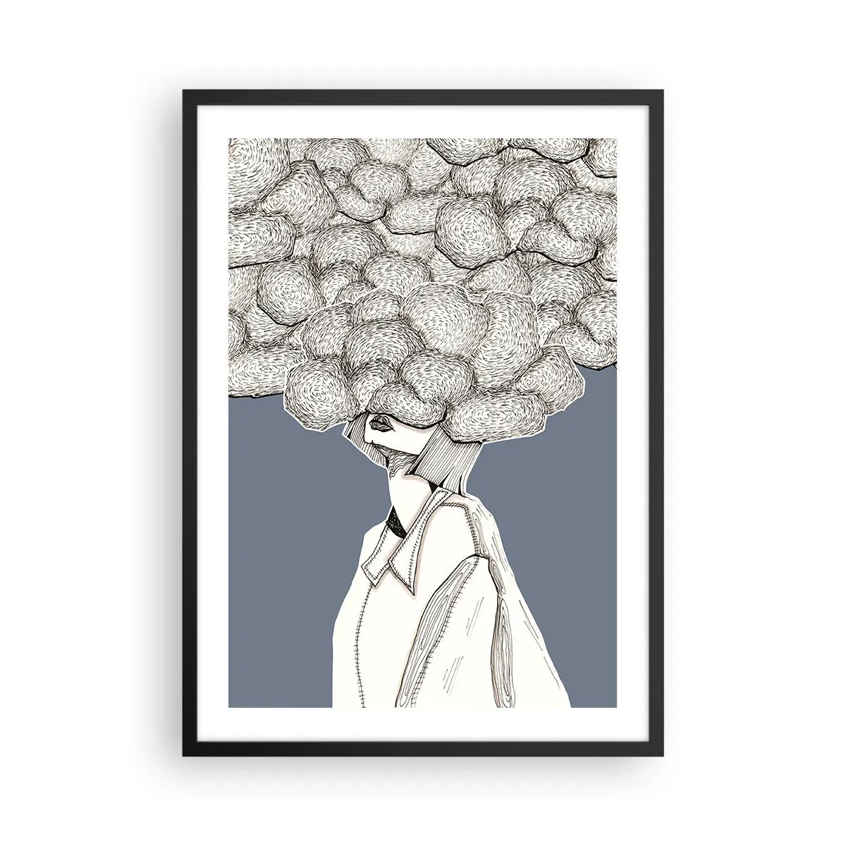 Plakát v černém rámu - Postava s mrakem místo hlavy, stylizovaná v odstínech šedé. - 50x70cm - S hlavou v oblacích - Moderní nástěnná dekorace do obývacího pokoje a ložnice ARTTOR
