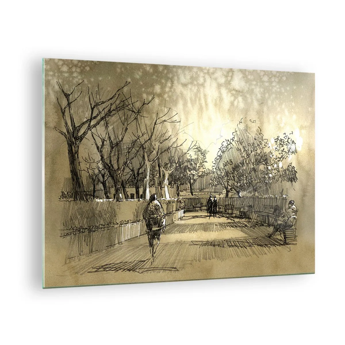 Obraz na skle - Kresba parku s cestami a jdoucími lidmi - 70x50cm - Pírkem zastavený okamžik - Moderní nástěnná dekorace do obývacího pokoje a ložnice ARTTOR