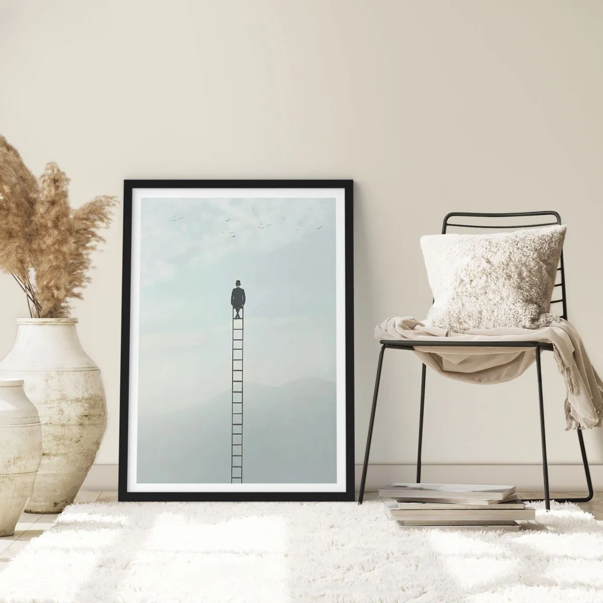 Plakát v černém rámu - Muž na žebříku se dívá na oblohu - 50x70cm - Povznést se nad to - Moderní nástěnná dekorace do obývacího pokoje a ložnice ARTTOR