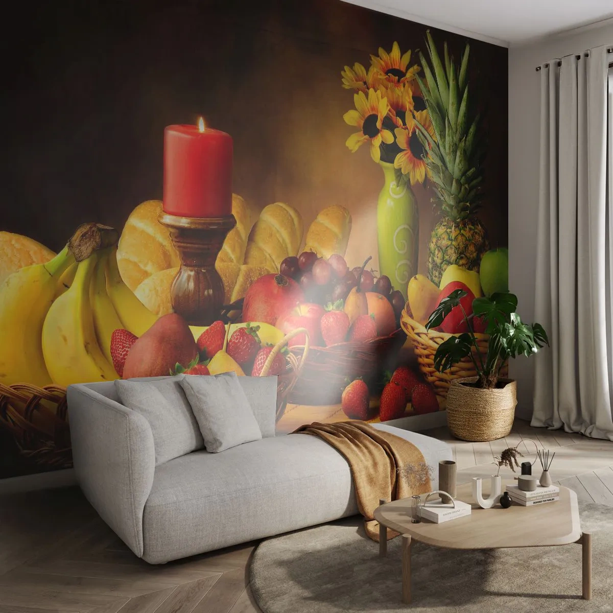 Fototapeta Premium Canvas - Zátiší s pečivem a ovocem - Gastronomie, Květiny, Ovoce - 250x175 cm
