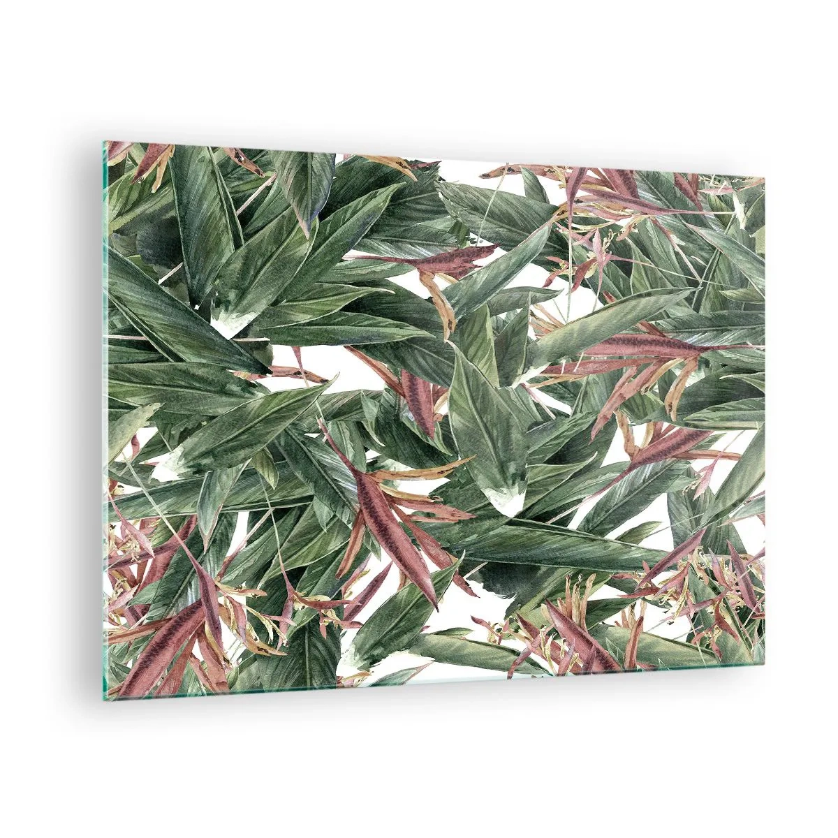 Obraz na skle - Listy v odstínech zelené a vínové na světlém pozadí - 70x50cm - Smaragdově-liliové houští - Moderní nástěnná dekorace do obývacího pokoje a ložnice ARTTOR