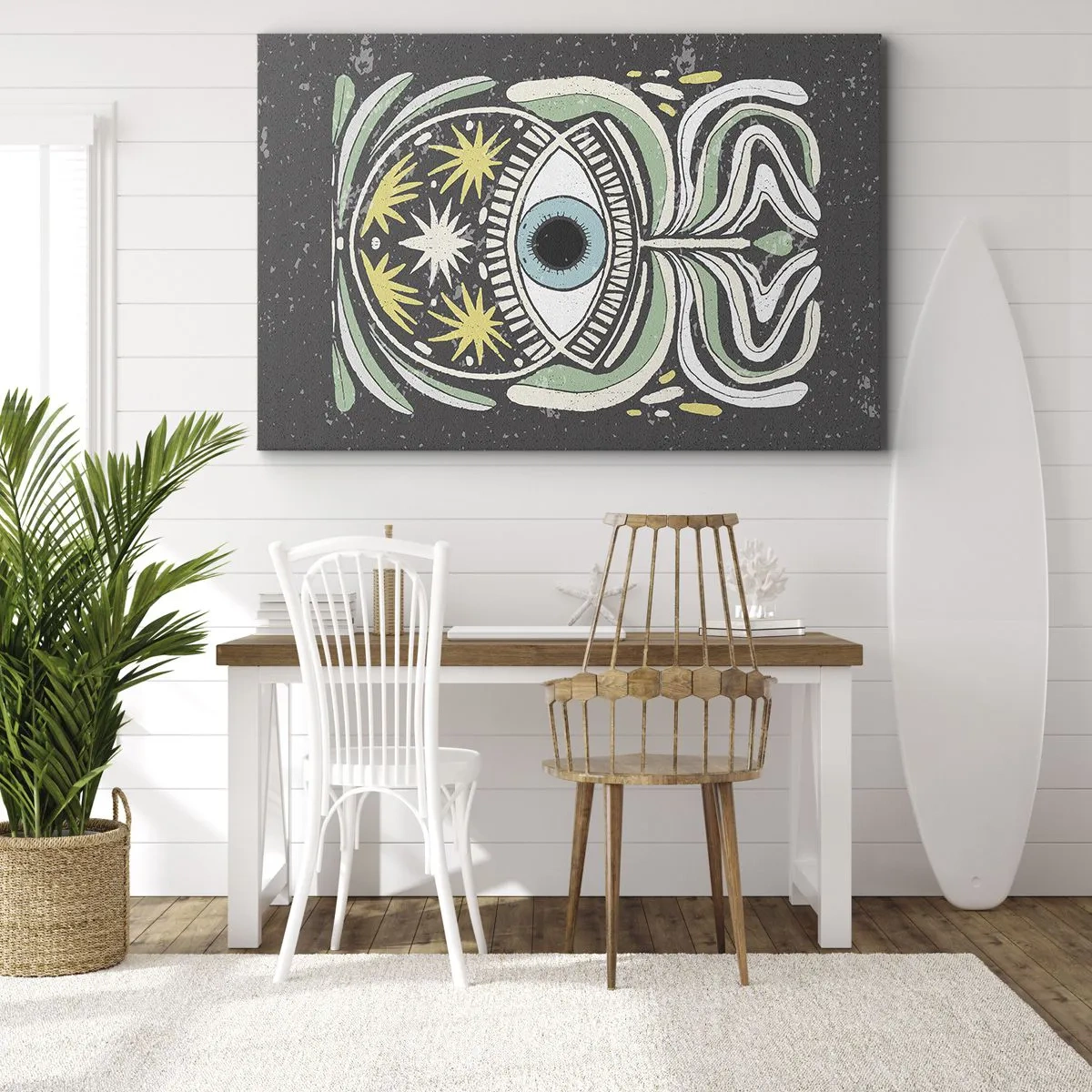 Obraz na plátně - Symbolické oko obklopené abstraktními vzory - 70x50cm - Kmenové rituály - Moderní nástěnná dekorace do obývacího pokoje a ložnice ARTTOR