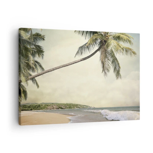 Obraz na plátně - Pláž s palmami na pozadí klidného moře - 70x50cm - Tropický sen - Moderní nástěnná dekorace do obývacího pokoje a ložnice ARTTOR