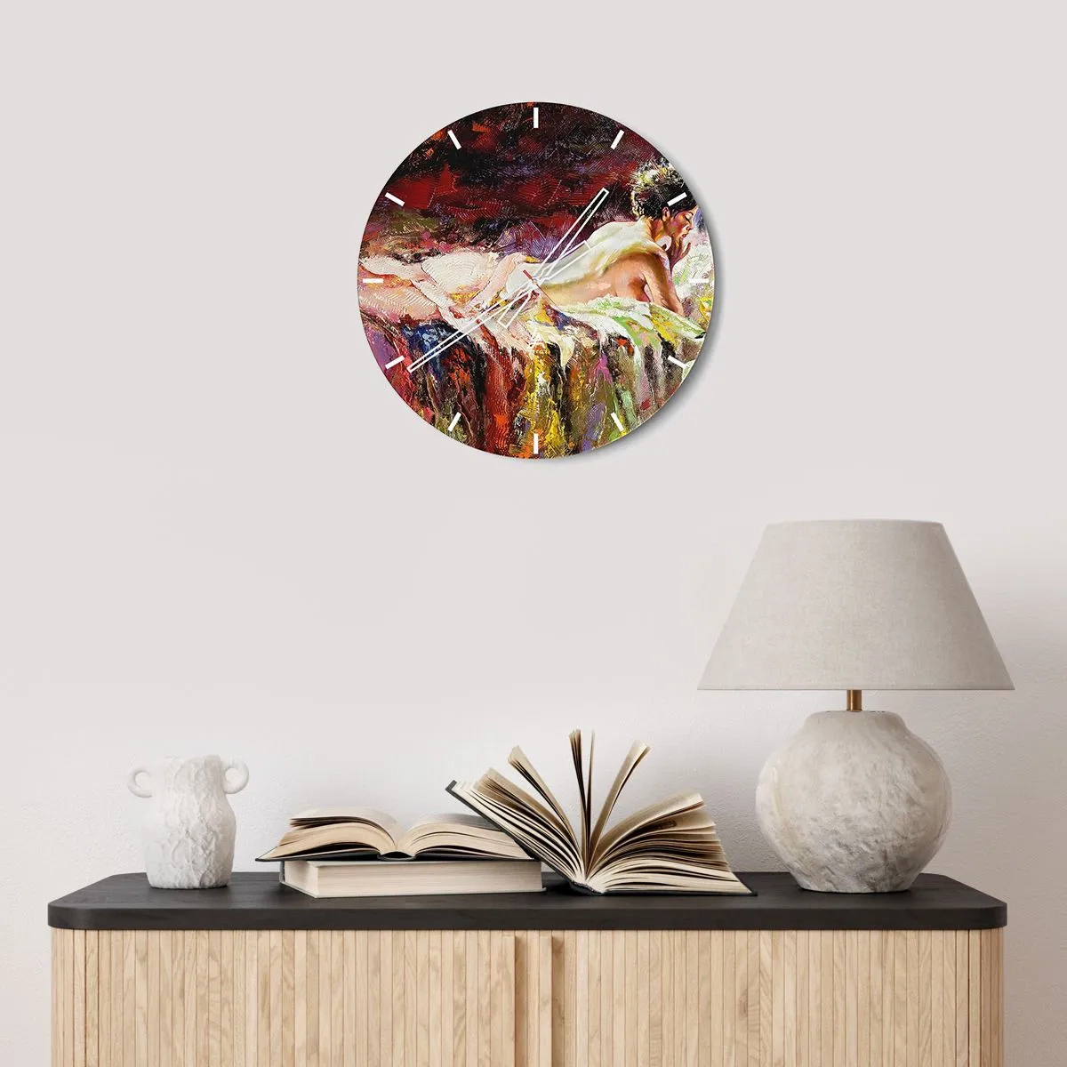 Nástěnné hodiny - Umělecké znázornění ležící postavy na barevném abstraktním pozadí. - 30x30cm - Zamyšlená Venuše - Moderní nástěnná dekorace do obývacího pokoje, kuchyně a ložnice ARTTOR