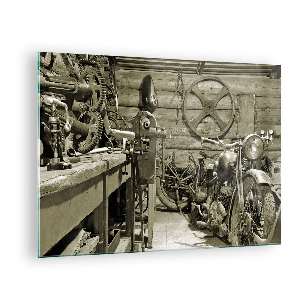 Obraz na skle - Dílna se starožitným nářadím a starým motocyklem - 70x50cm - V kůlně strýce Vládi - Moderní nástěnná dekorace do obývacího pokoje a ložnice ARTTOR