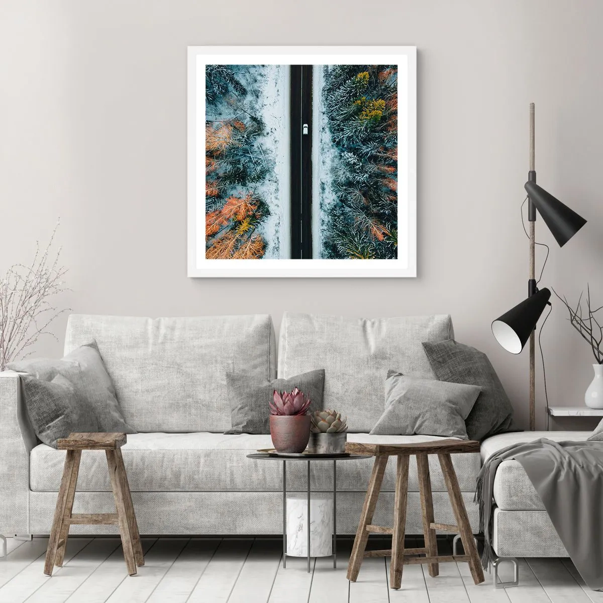 Plakát v bílém rámu - Přes zimní les - 40x40 cm