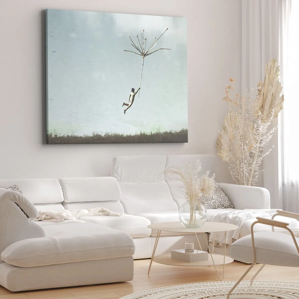 Obraz na plátně - Postava zvednutá velkým semínkem pampelišky - 70x50cm - Letající pampeliška - Moderní nástěnná dekorace do obývacího pokoje a ložnice ARTTOR