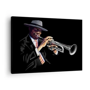 Obraz na plátně - Hudebník hrající na trubku na černém pozadí - 70x50cm - Kouzlo staré školy - Moderní nástěnná dekorace do obývacího pokoje a ložnice ARTTOR