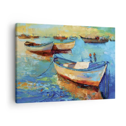 Obraz na plátně - Barevné lodě kotvící na klidné vodě - 70x50cm - V jižním zálivu - Moderní nástěnná dekorace do obývacího pokoje a ložnice ARTTOR