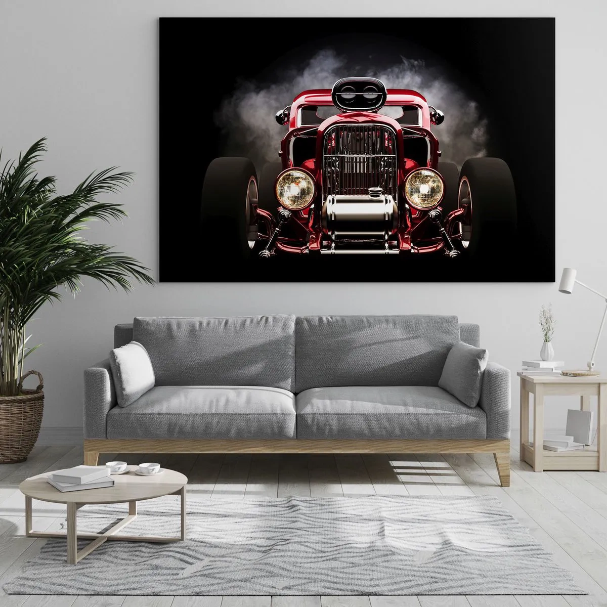 Obraz na skle - Red hot rod v hustém kouři - 70x50cm - Rychlý a zběsile krásný - Moderní nástěnná dekorace do obývacího pokoje a ložnice ARTTOR