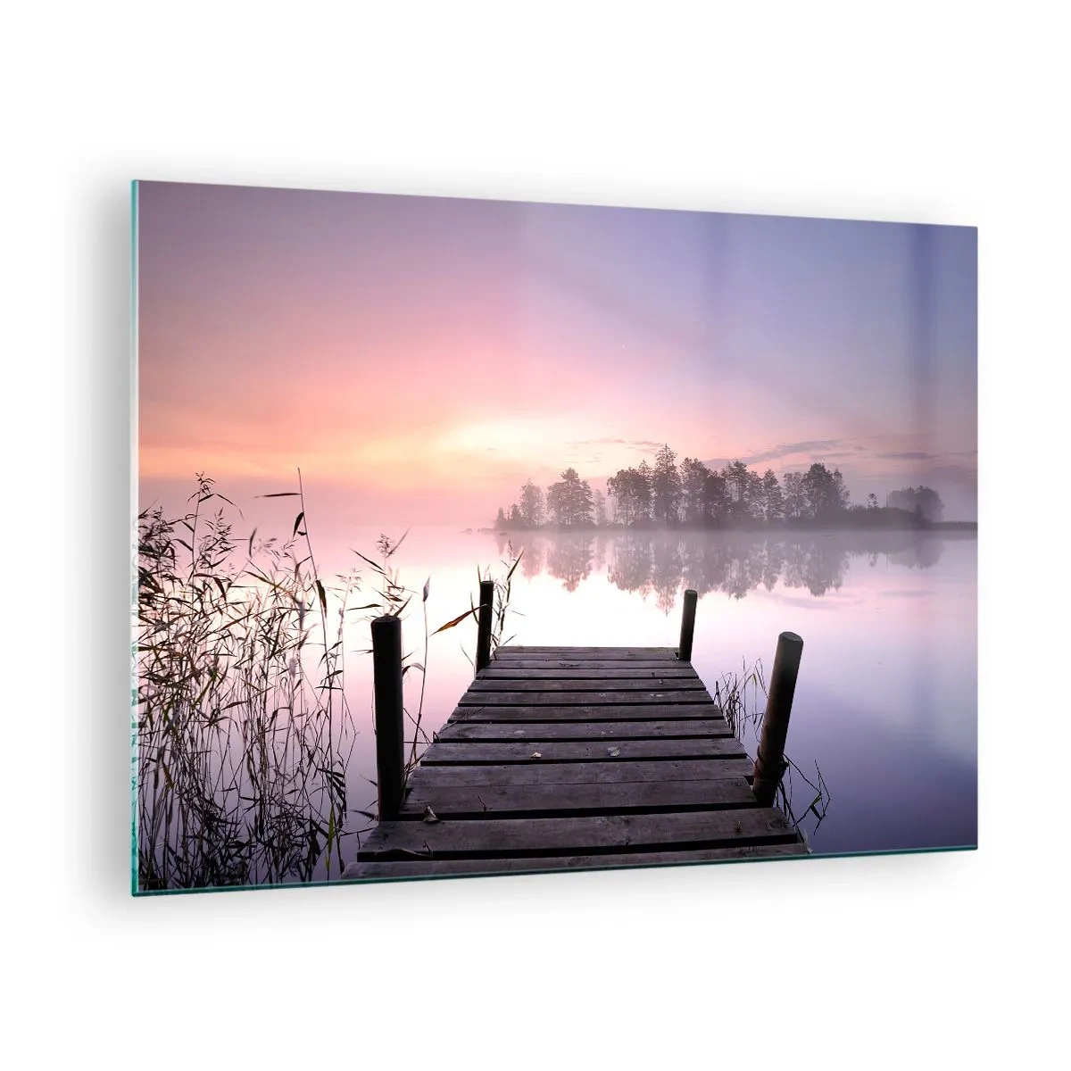 Obraz na skle - Molo při východu slunce nad klidným jezerem - 70x50cm - Z liliové mlhy… - Moderní nástěnná dekorace do obývacího pokoje a ložnice ARTTOR