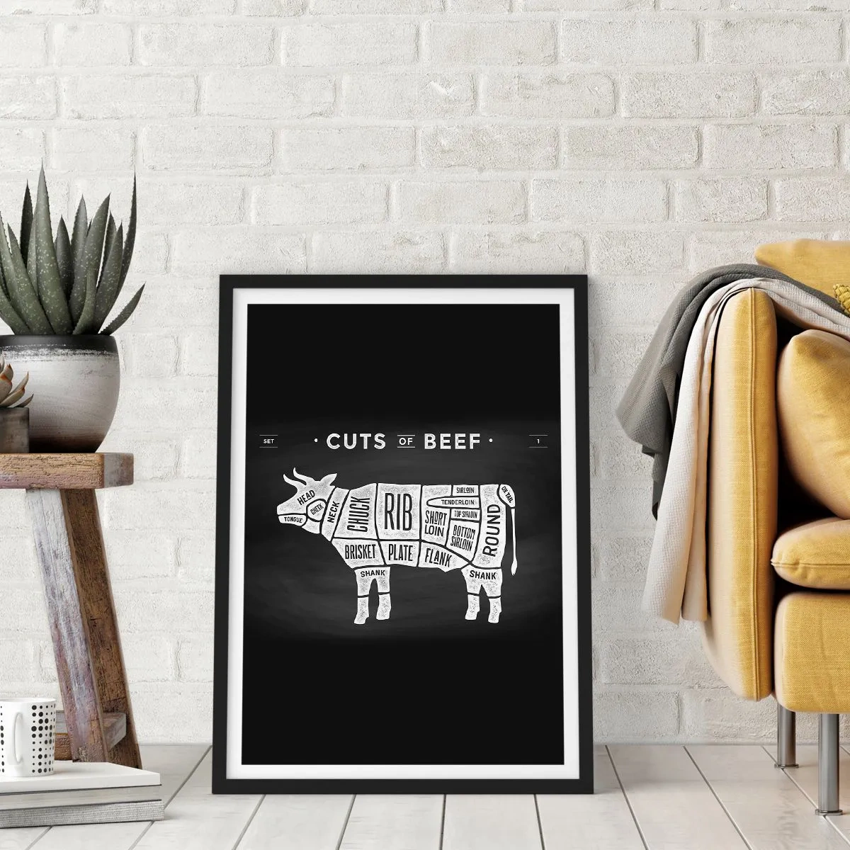Plakát v černém rámu - Hovězí řezy diagram na černém pozadí v retro stylu - 50x70cm - Slabikář řezníka - Moderní nástěnná dekorace do obývacího pokoje a ložnice ARTTOR