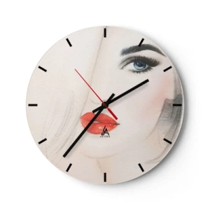 Nástěnné hodiny - Umělecký portrét ženy s rudými rty a modrýma očima - 30x30cm - Hypnotizuje a omamuje - Moderní nástěnná dekorace do obývacího pokoje, kuchyně a ložnice ARTTOR