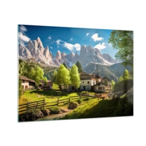 Obraz na skle - Rozvoj venkova uprostřed zeleně na úpatí alpských vrcholů - 70x50cm - Alpská idyla - Moderní nástěnná dekorace do obývacího pokoje a ložnice ARTTOR