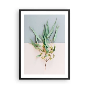 Plakát v černém rámu - Snítka eukalyptu na pastelovém pozadí - 50x70cm - Pastelová jemnost - Moderní nástěnná dekorace do obývacího pokoje a ložnice ARTTOR