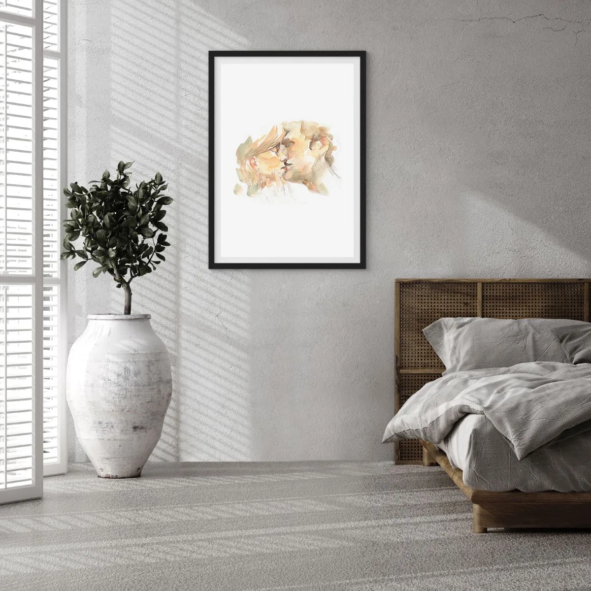 Plakát v černém rámu - Jemný akvarelový portrét páru v něžném polibku. - 50x70cm - Nalezena polovina? - Moderní nástěnná dekorace do obývacího pokoje a ložnice ARTTOR