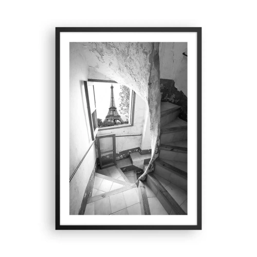 Plakát v černém rámu - Pohled na Eiffelovu věž z okna ve staré budově - 50x70cm - To je ale výhled! - Moderní nástěnná dekorace do obývacího pokoje a ložnice ARTTOR