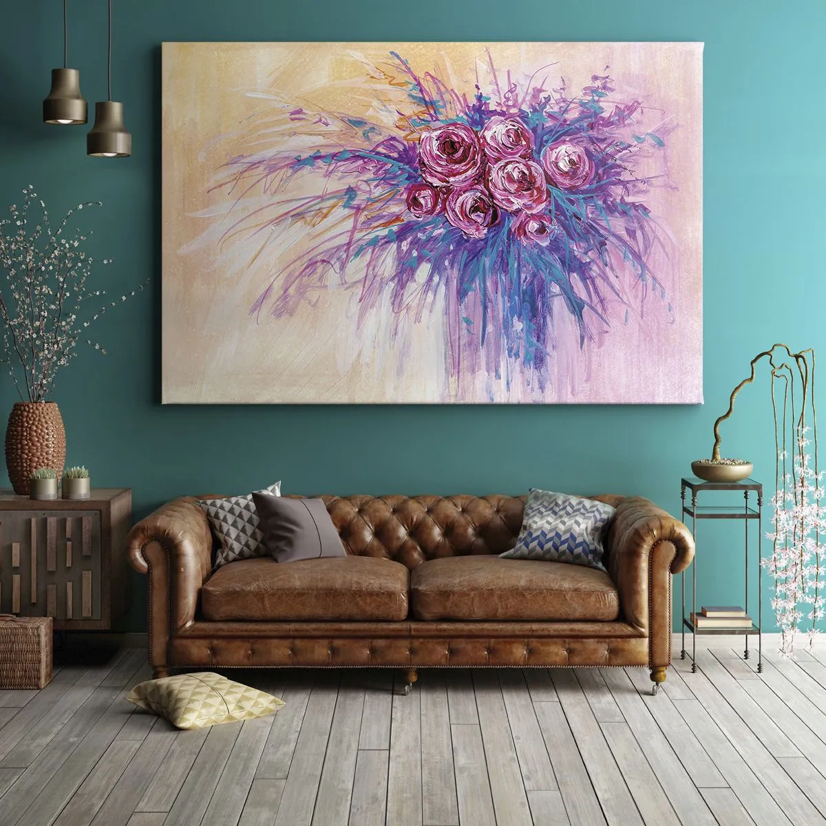 Obraz na plátně - Kytice růží v pastelových barvách - 70x50cm - Růžová fontána - Moderní nástěnná dekorace do obývacího pokoje a ložnice ARTTOR