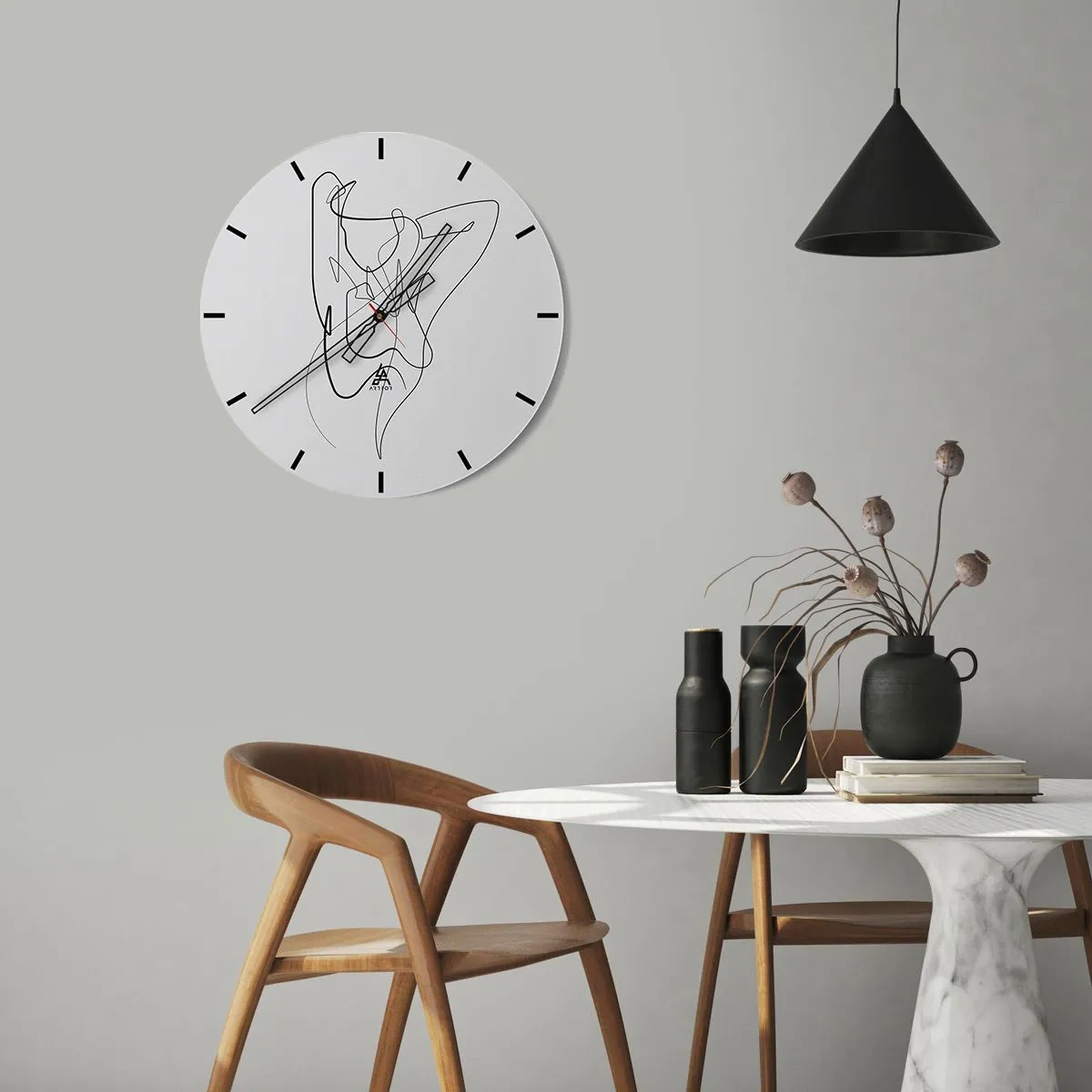 Nástěnné hodiny - Abstraktní ženská silueta v minimalistické linii - 30x30cm - Ty jsi záhada… - Moderní nástěnná dekorace do obývacího pokoje, kuchyně a ložnice ARTTOR
