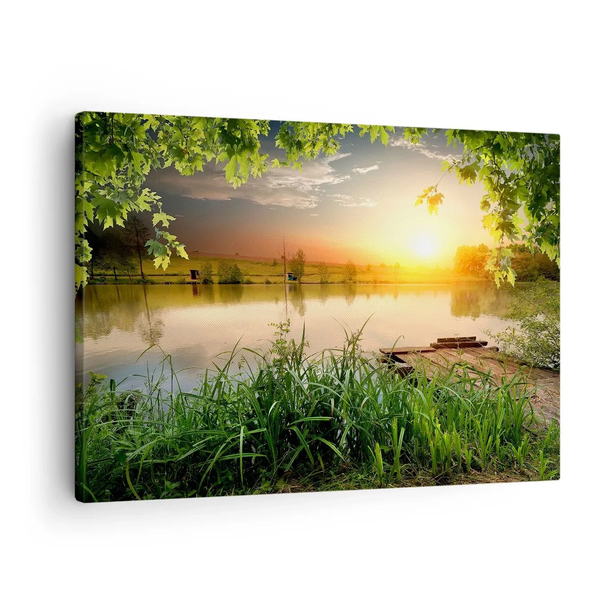 Obraz na plátně - Zelená krajina s jezerem při západu slunce - 70x50cm - Krajina v zeleném rámu - Moderní nástěnná dekorace do obývacího pokoje a ložnice ARTTOR