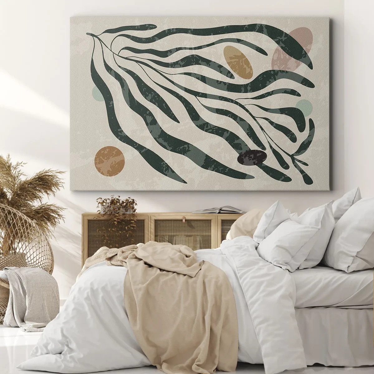 Obraz na plátně - Organické linie a tvary v zelené a béžové barvě - 70x50cm - Uprostřed zeleně - Moderní nástěnná dekorace do obývacího pokoje a ložnice ARTTOR