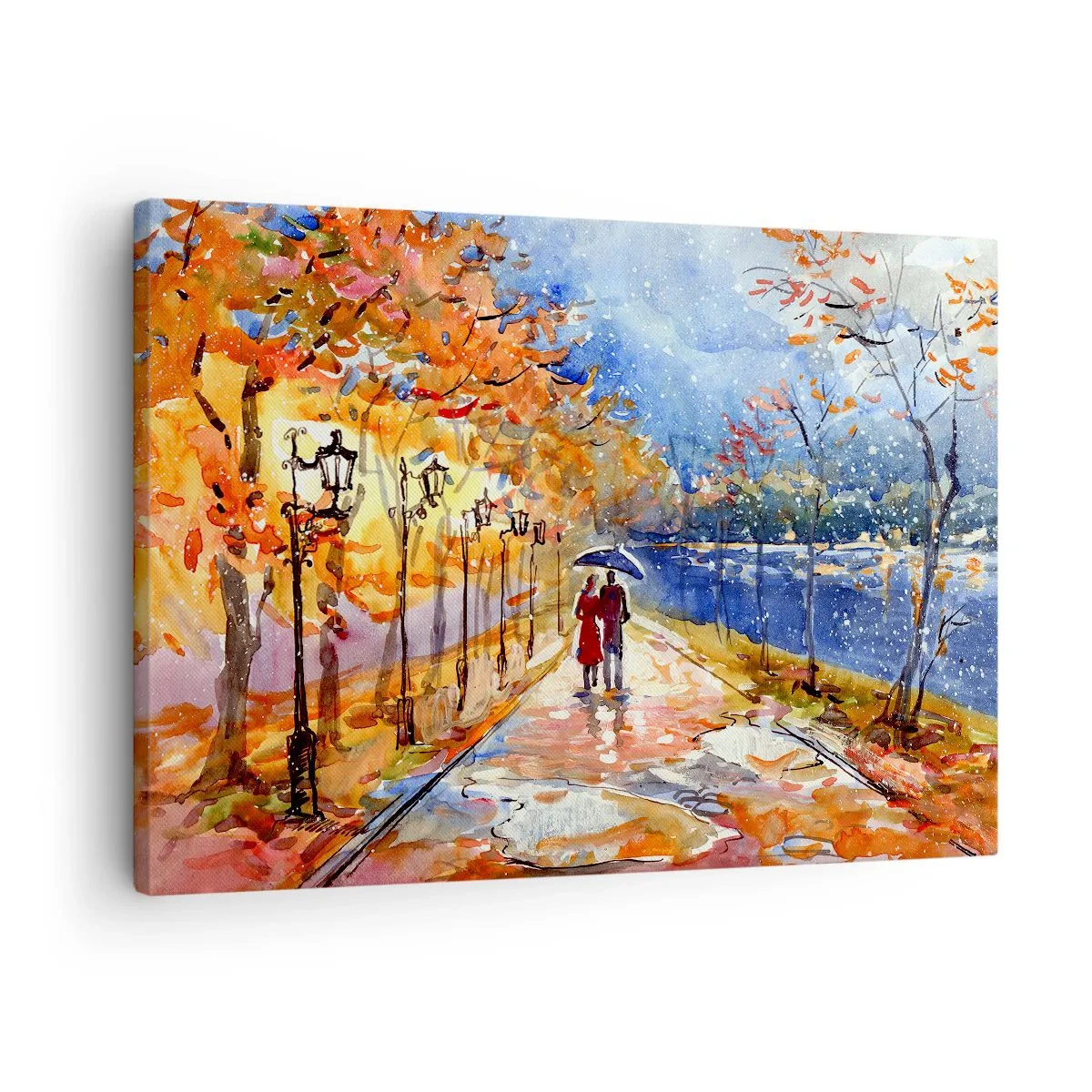 Obraz na plátně - Podzimní procházka v parku na břehu řeky pod slunečníkem - 70x50cm - Společně k hranici času - Moderní nástěnná dekorace do obývacího pokoje a ložnice ARTTOR