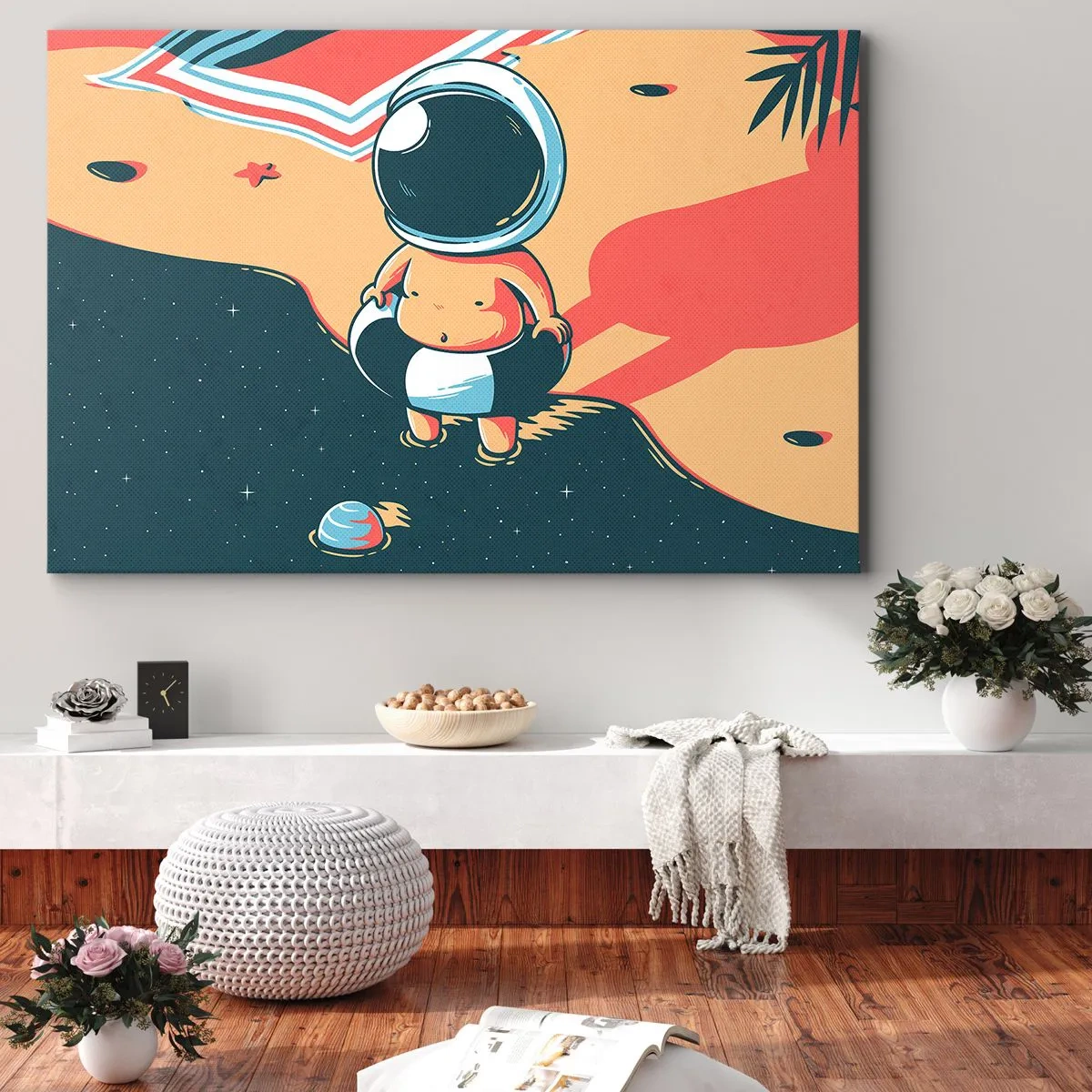 Obraz na plátně - Legrační astronaut na pláži s vesmírnými prvky v pozadí - 70x50cm - Z jiné perspektivy - Moderní nástěnná dekorace do obývacího pokoje a ložnice ARTTOR