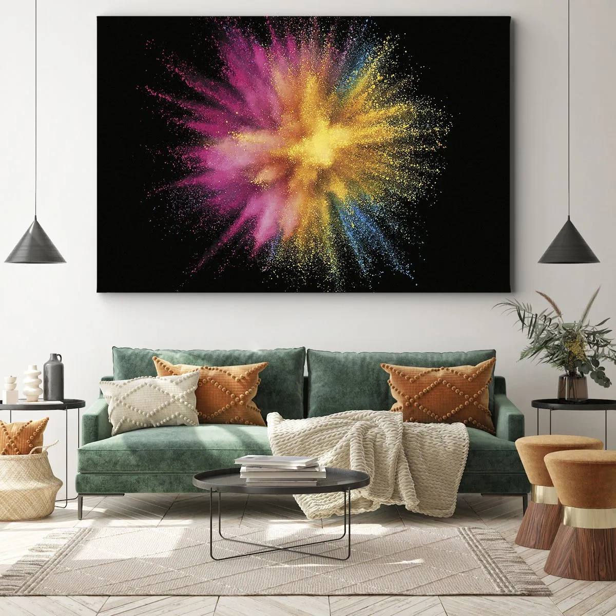 Obraz na plátně - Barevný prášek exploze na černém pozadí - 70x50cm - Zrození barev  - Moderní nástěnná dekorace do obývacího pokoje a ložnice ARTTOR