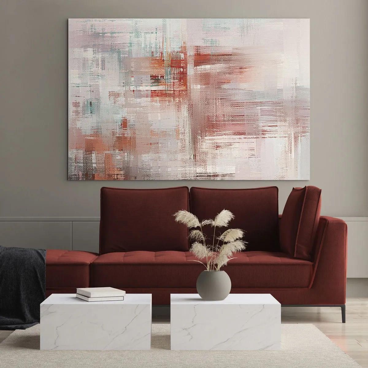 Obraz na skle - Abstraktní kompozice v odstínech červené a béžové. - 70x50cm - Zamlžené. Ale růžové - Moderní nástěnná dekorace do obývacího pokoje a ložnice ARTTOR