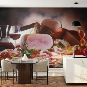 Fototapeta Premium Sand - Kulinární snění s karafou - Gastronomie, Maso, Rajčata - 100x70 cm