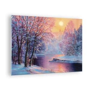 Obraz na skle - Zimní krajina s řekou a západem slunce - 70x50cm - Barvy zimy - Moderní nástěnná dekorace do obývacího pokoje a ložnice ARTTOR