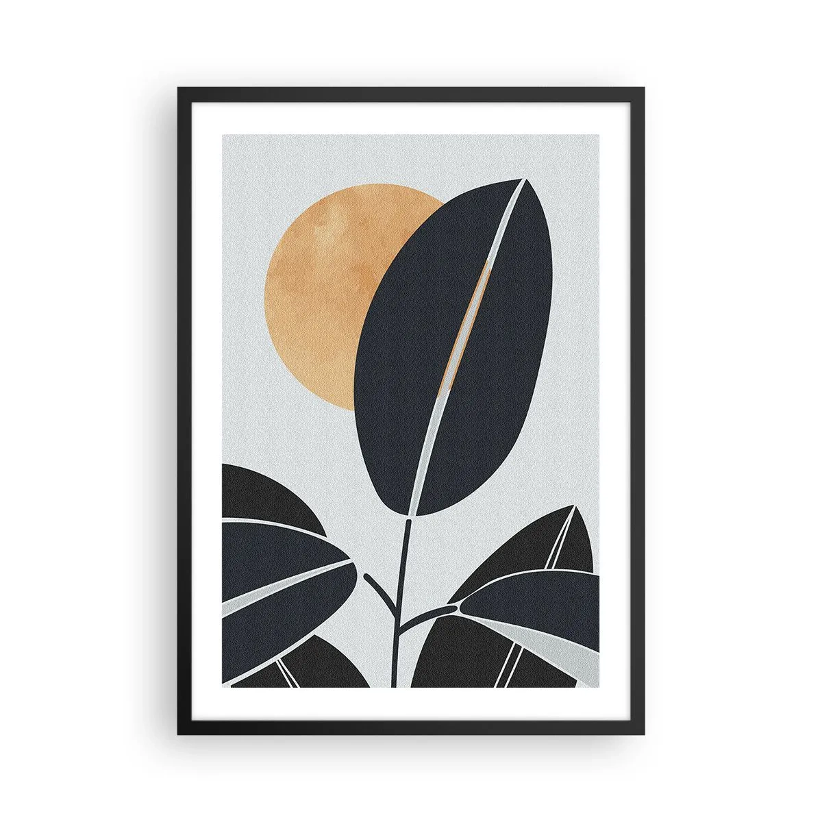 Plakát v černém rámu - Minimalistická kompozice listů na pozadí slunce - 50x70cm - Den horkého léta - Moderní nástěnná dekorace do obývacího pokoje a ložnice ARTTOR