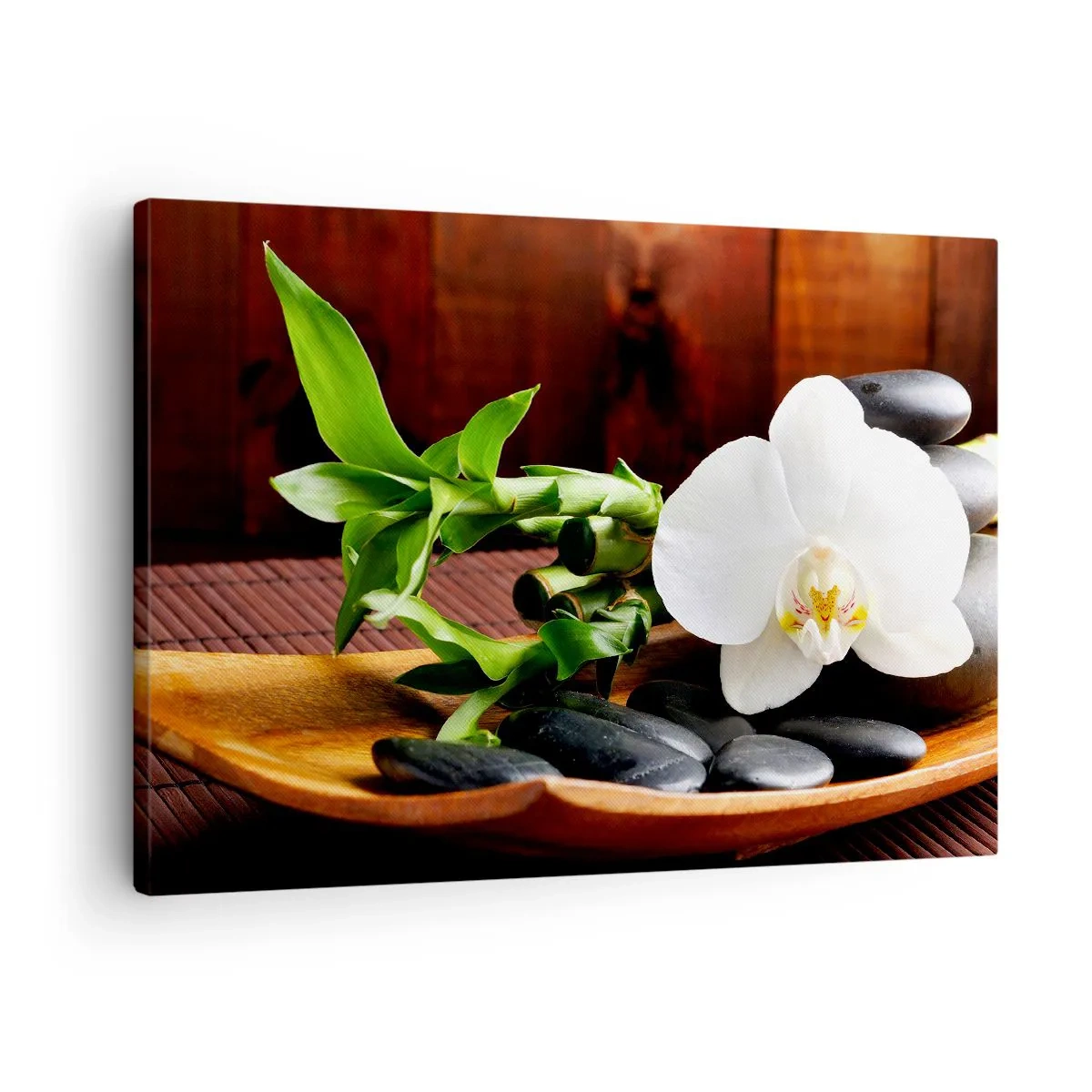 Obraz na plátně - Bílá orchidej s bambusem na kamenném pozadí v zenovém stylu - 70x50cm - Oddejte se doteku přírody - Moderní nástěnná dekorace do obývacího pokoje a ložnice ARTTOR