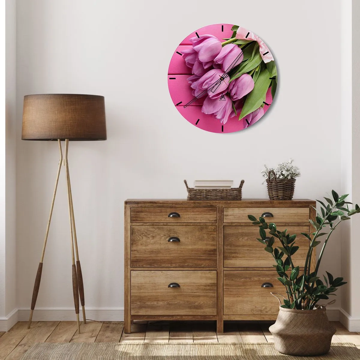 Nástěnné hodiny - Kytice růžových tulipánů na růžovém pozadí - 30x30cm - Právě pro tebe - Moderní nástěnná dekorace do obývacího pokoje, kuchyně a ložnice ARTTOR