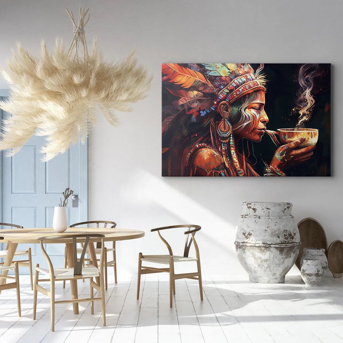 Obraz na plátně - Barevná postava v etnickém stylu s šálkem horkého nápoje - 70x50cm - Magický rituál - Moderní nástěnná dekorace do obývacího pokoje a ložnice ARTTOR