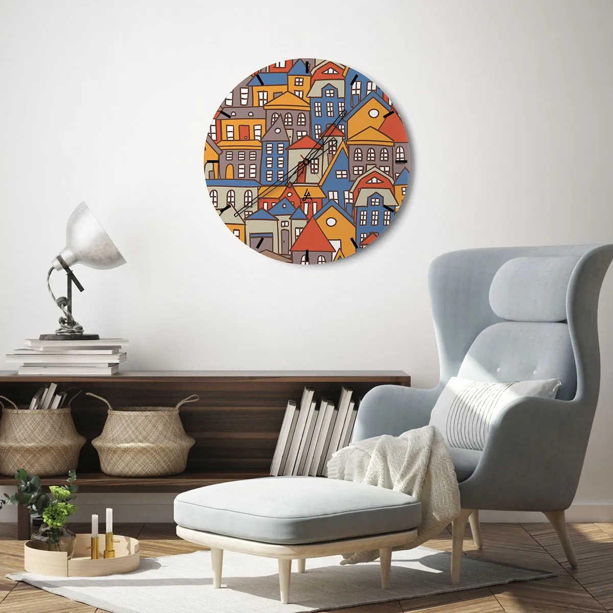 Nástěnné hodiny - Barevné budovy v grafickém stylu - 30x30cm - Za domem dům - Moderní nástěnná dekorace do obývacího pokoje, kuchyně a ložnice ARTTOR