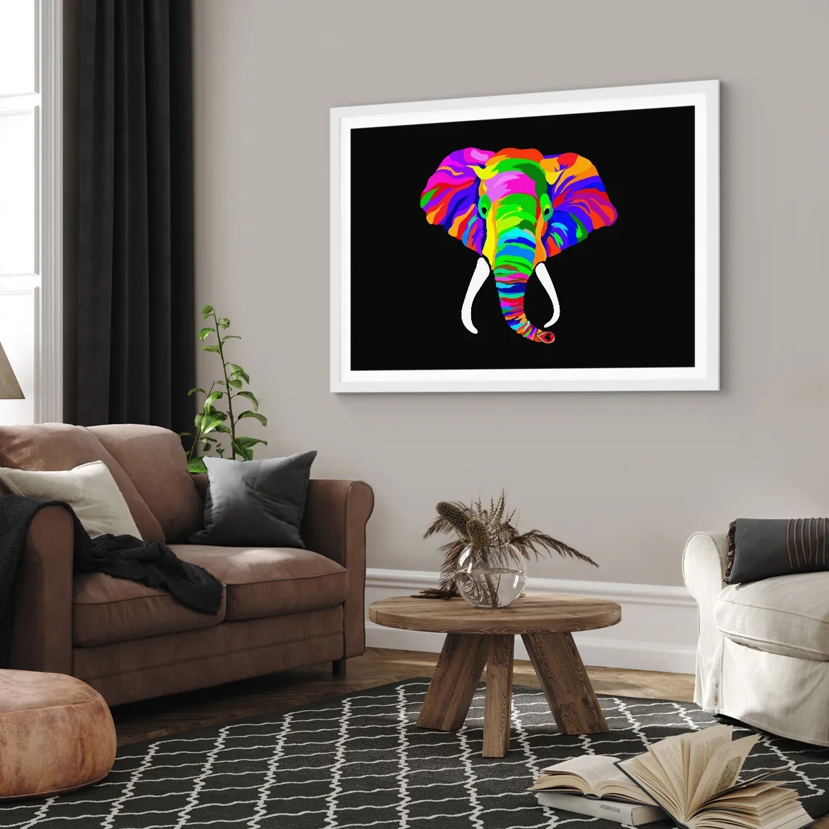 Plakát v bílém rámu - Slon, který se miloval koupat v duze - 70x50 cm