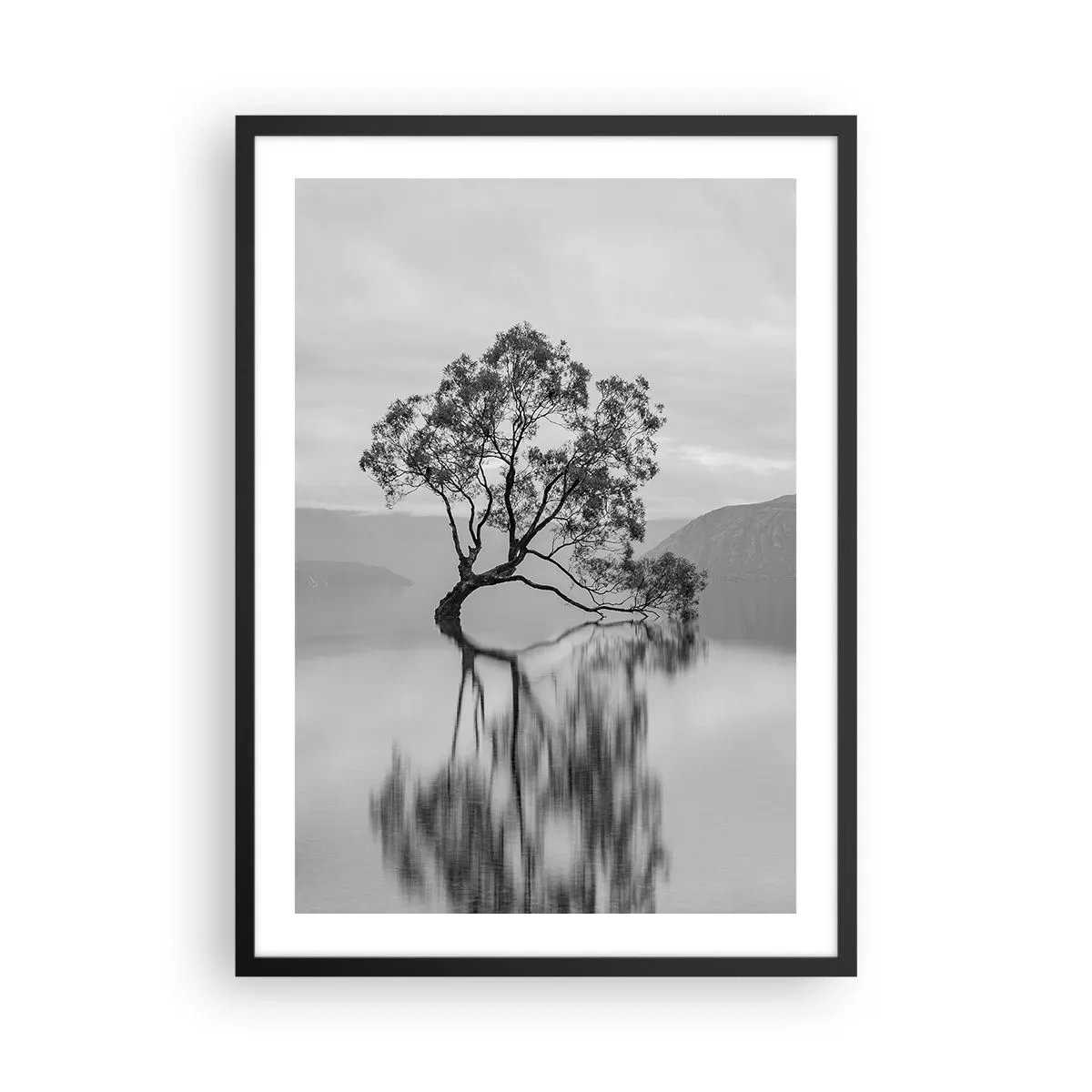 Plakát v černém rámu - Osamělý strom se odráží v klidné vodě - 50x70cm - Existuje taková země - Moderní nástěnná dekorace do obývacího pokoje a ložnice ARTTOR