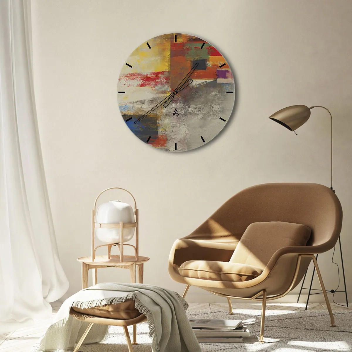 Nástěnné hodiny - Barevná abstrakce s geometrickými prvky - 30x30cm - Geometrie barev - Moderní nástěnná dekorace do obývacího pokoje, kuchyně a ložnice ARTTOR