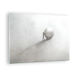 Obraz na skle - Minimalistická silueta muže s velkým míčem na světlém pozadí. - 70x50cm - Hra života - Moderní nástěnná dekorace do obývacího pokoje a ložnice ARTTOR
