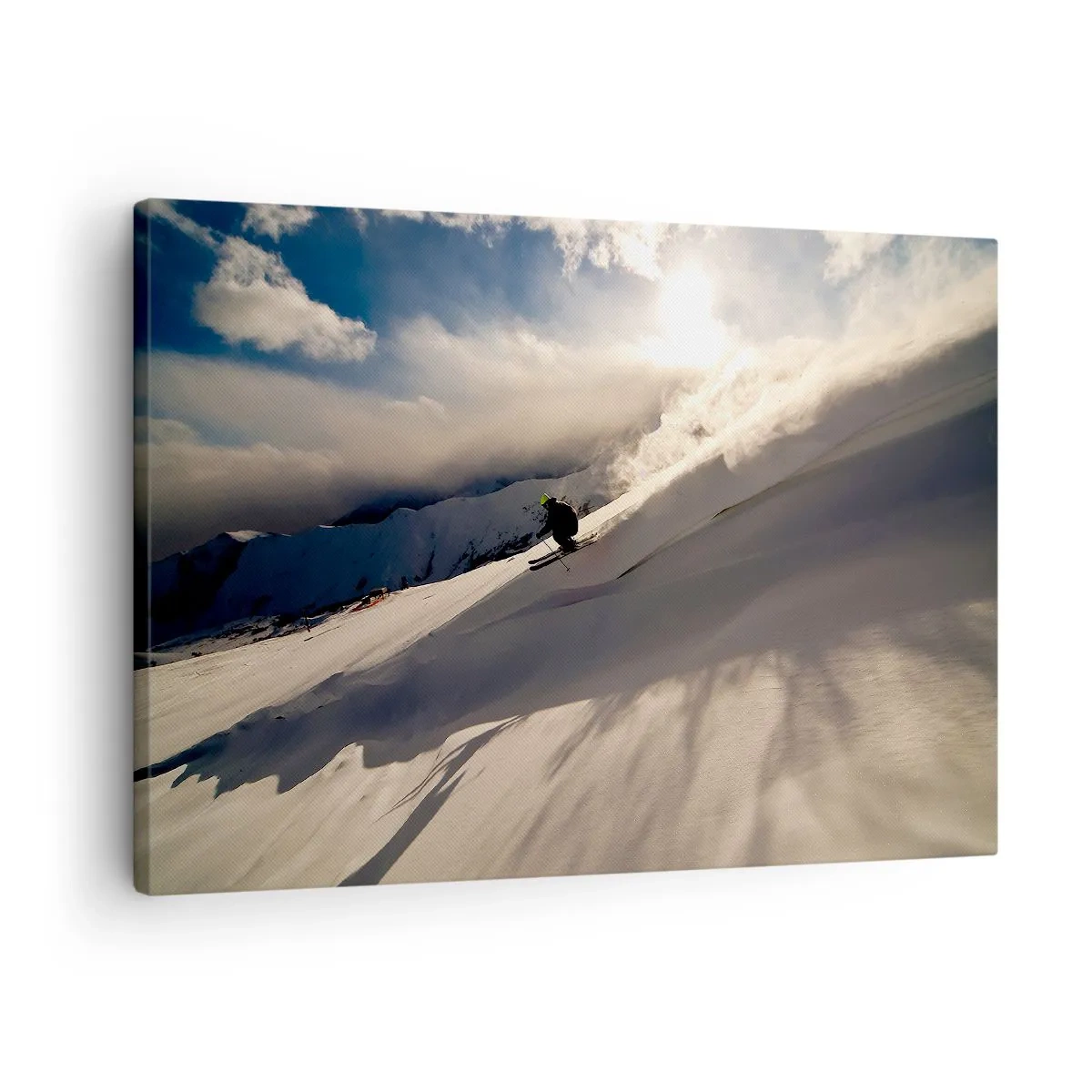 Obraz na plátně - Lyžař na svahu obklopený horami a sněhem - 70x50cm - Přijatá výzva hor - Moderní nástěnná dekorace do obývacího pokoje a ložnice ARTTOR